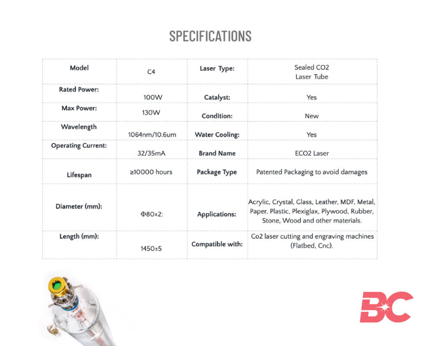 C4 100-130W CO2 Tubo láser