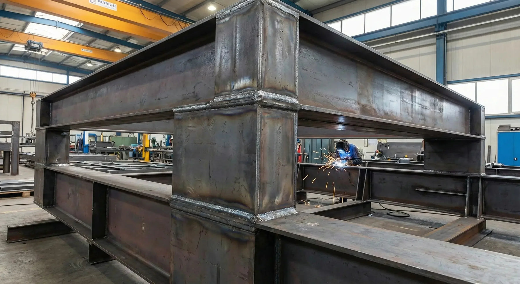 Estructura de chasis (cama) de acero soldado de gran espesor para una máquina de corte láser, mostrando uniones robustas y el proceso de fabricación en planta industrial.