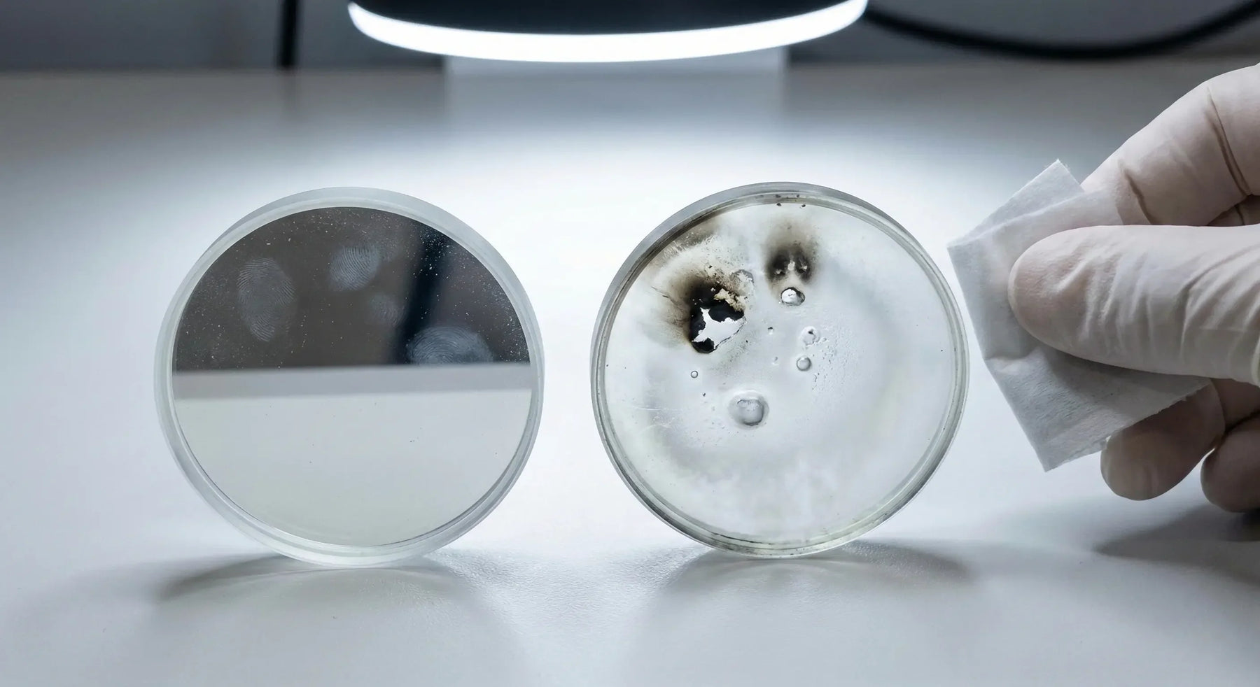 Comparación lado a lado: a la izquierda un lente protector de láser limpio y transparente, a la derecha uno dañado con quemaduras negras y contaminación visible.
