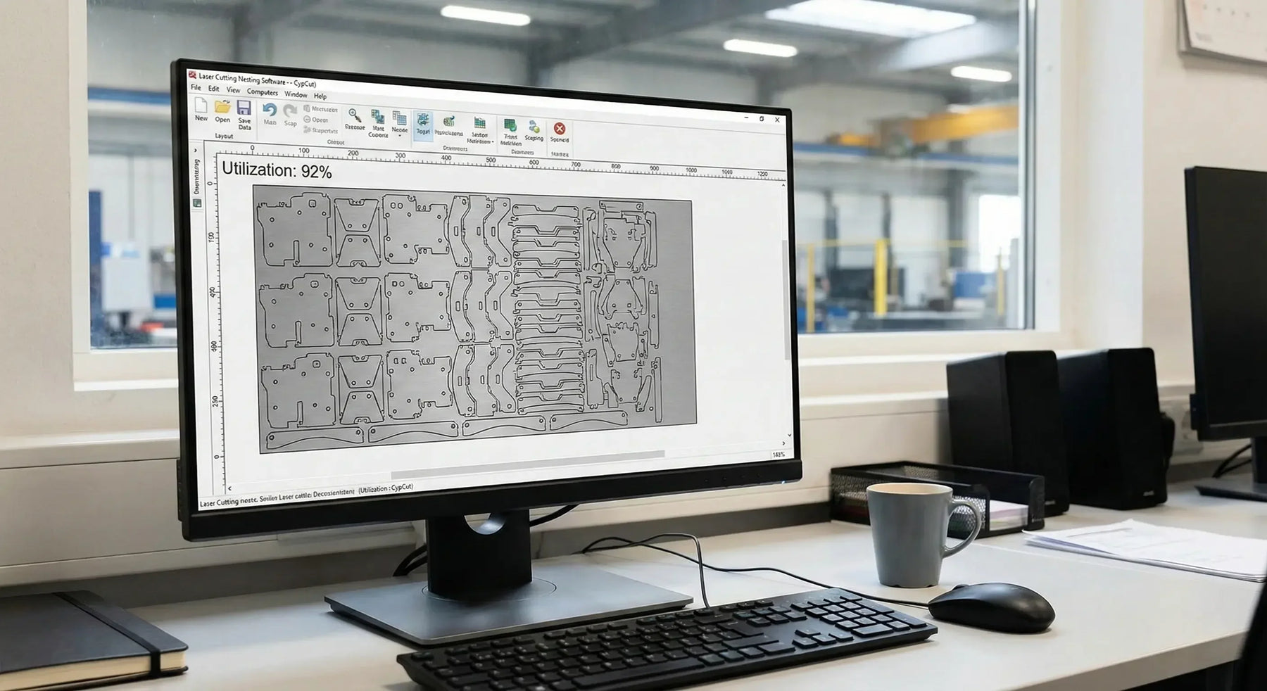 Pantalla de computadora mostrando software de anidado (nesting) tipo CypCut con piezas metálicas optimizadas para minimizar el desperdicio de material en corte láser.