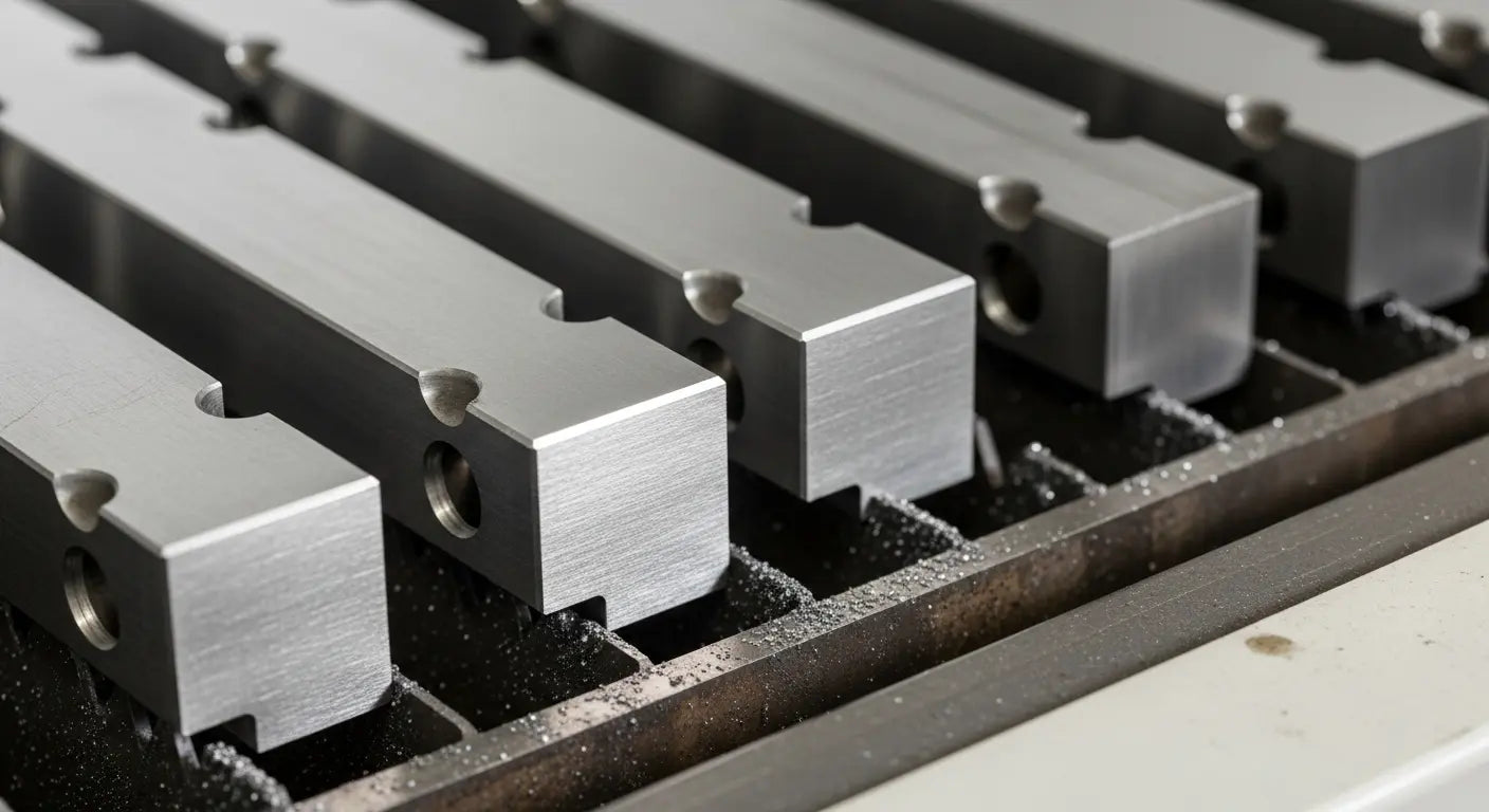 Primer plano de piezas metálicas (acero inoxidable y al carbono) recién cortadas sobre la mesa de la máquina láser, mostrando bordes lisos, limpios y sin rebaba.